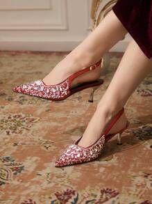 CUCCOO TILAWA Women's Pointed Toe Rhinestone High Heels Burgundy Closed Toe Party Pumps - Burgundy - View 7