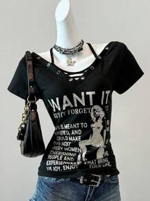 SHEIN EZwear Camiseta de manga corta con gráfico de eslogan de concierto de verano en el campo
