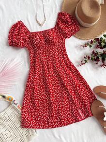 SHEIN WYWH Women's Vacation Blue Dot & Ditsy Floral Puff Sleeve A-Line Mini Dress With Slit Hem