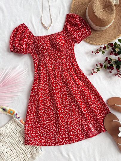 SHEIN WYWH Women's Vacation Blue Dot & Ditsy Floral Puff Sleeve A-Line Mini Dress With Slit Hem