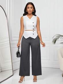 Lunelith SHEIN Lunessa Asymmetrical V-Neck Metal Button Short Elegant Women Blouse - White - View 6