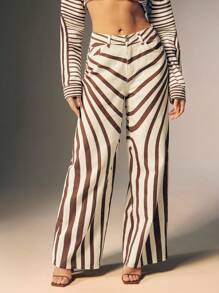 Denimoi Women's Striped Print Pocket Loose Wide Leg Casual Jeans - Dark Wash - View 2