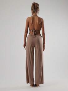 MUSERA 露背深V阔腿连体裤，波西米亚风优雅夏季度假风 - 摩卡棕 - 查看 2
