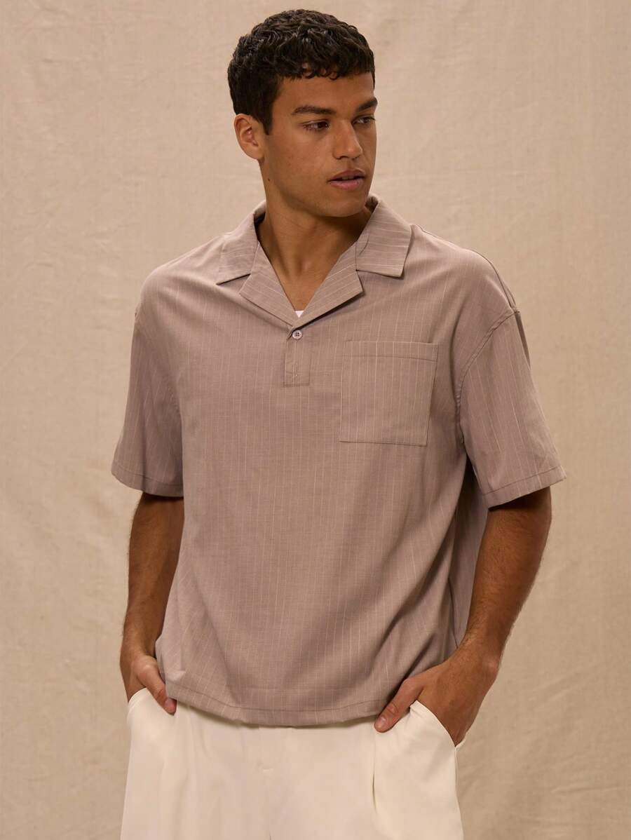 Musero Boxy Oversized V-Neck Collared Pinstripe Short Sleeved Polo Top Only - Multicolor - View 1