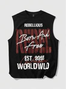 ROMWE MEN Prep Men's Jersey Boxy Fit Y2K Slogan Crew Neck Casual Loose Cropped Tank Top - Black - View 3