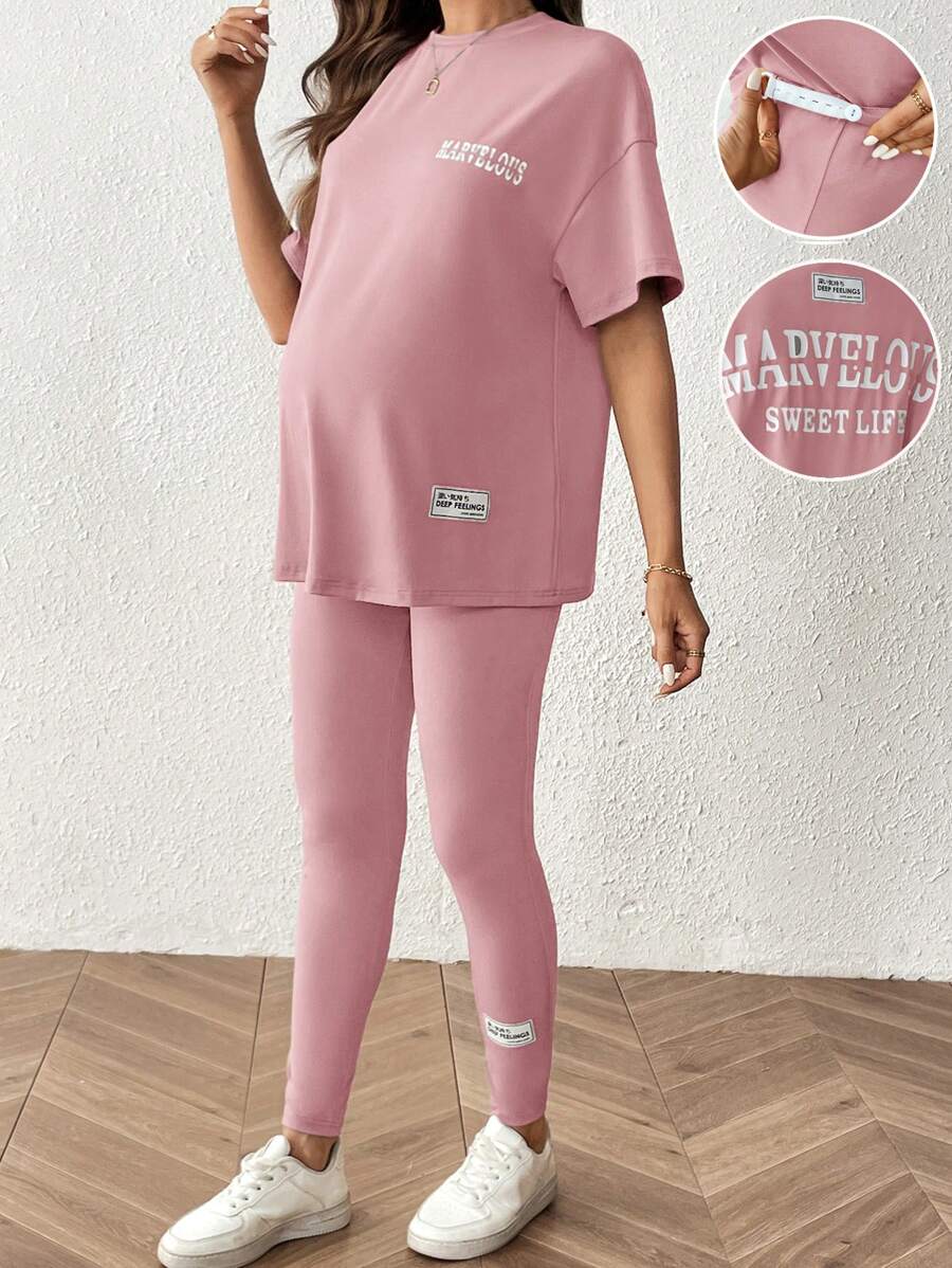 SHEIN 2 件套孕妇短袖圆领纯色 T 恤和裤子套装，简约时尚，适合夏季 - 粉色 - 查看 1