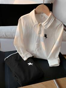 SHEIN 2pcs Kids Tween Boy Casual Daily Printed Collar Button Down Loose Long Sleeve Solid Color Shirt And Loose Straight Pants Suit Set, Suitable For School, Garden, Beach, Birthday, Spring, Summer, Autumn, Winter