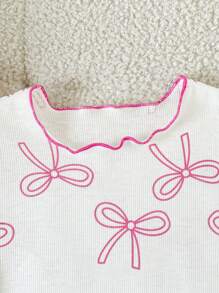 SHEIN Vintaside Kids 2 件装婴儿/幼儿可爱甜美时尚休闲舒适柔软针织蝴蝶结图案撞色罗纹设计圆领短袖 T 恤上衣和紧身裤套装，粉色 OOTD，适合春夏室内外穿着 - 白色 - 查看 7