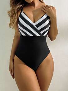 SHEIN Swim 游泳夏季海滩度假服装女士黑白连体泳衣