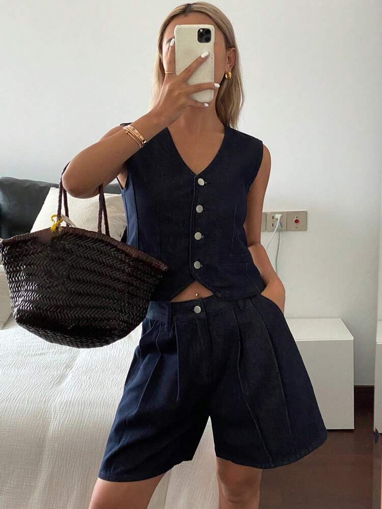 Women's Urban Style Denim Vest And Shorts 2 Pieces Set, Spring/Summer