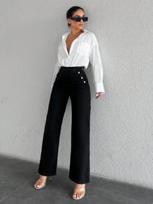 EURMUSE Button Detail Jeans - Black - View 3