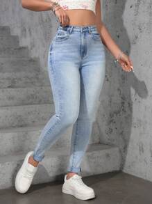 SHEIN Essnce Blugi skinny cu talie înaltă, spălați ocazional - Albastru - Vizualizare 6