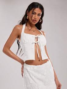 SHEIN BAE Women Elegant Summer White Seksi Chic Vacation Casual Solid Color Tie Front Camisole, Comfortable Top For Wedding,Brunch,Graduation & Parties - White - View 4