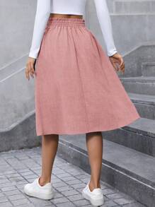 SHEIN LUNE Plus Size Women Blue Denim Effect Ruffle Hem Midi Length Loose Fit Skirt, Autumn - Pink - View 3