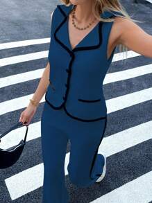 Chiquease 2pcs Women Minimalist Contrast Trim Knit Vest And Pants Set, Office Outfits - Blue - View 6