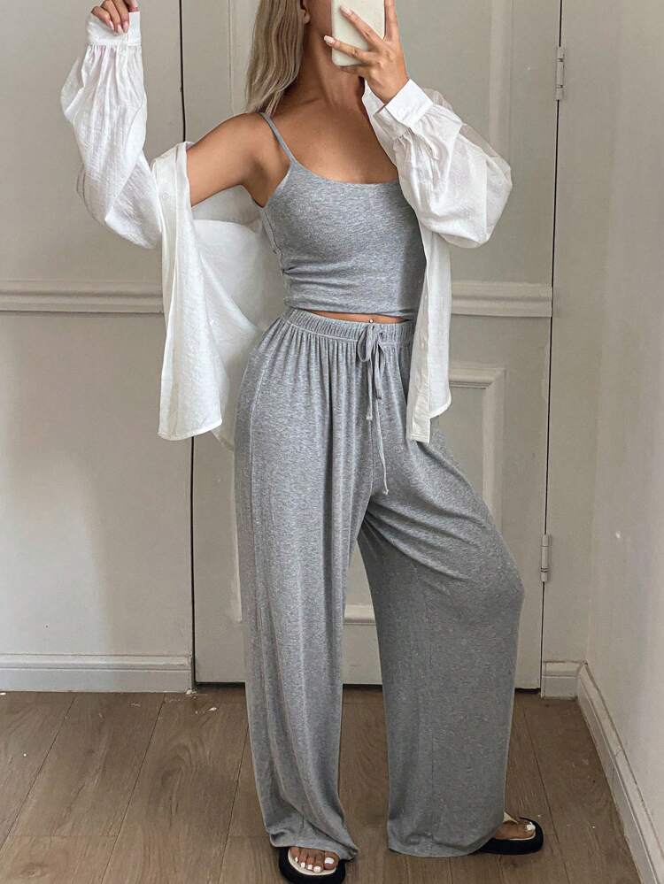 3pcs/Set Women Lounge Wear Set, Includes Knit Camisole, Button-Down Shirt And Relaxed Pants Pajama