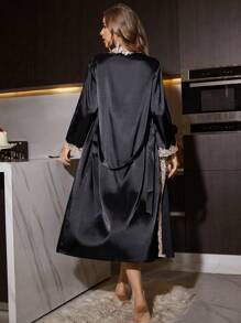 SilkySpell Women Contrast Lace Trim Side Slit Elegant Slim Camisole Nightdress & Belted Robe Pajama Set, Fall Winter Clothes - Black - View 2