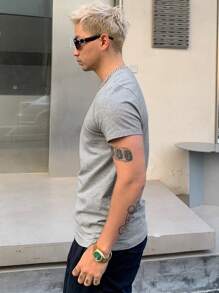 DAZY 男士休闲百搭灰色短袖 T 恤，夏季 - 灰色 - 查看 5