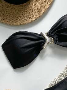 Swim Mod Springbreak Women's Solid Color Strapless Metal Decor Sexy Tie-Up 2 Pieces Bikini Swimwear Summer Beach Outfit - Black - View 3