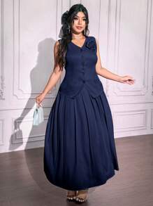 SHEIN Unity Plus Size Floral Decor Pleat-Front Vest & Skirt 2Pcs Set - Navy Blue - View 4