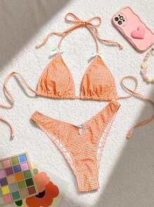 Swim Mod 2pcs/Set Plaid Bikini Swimsuit, Beach Vacation - Orange - View 1