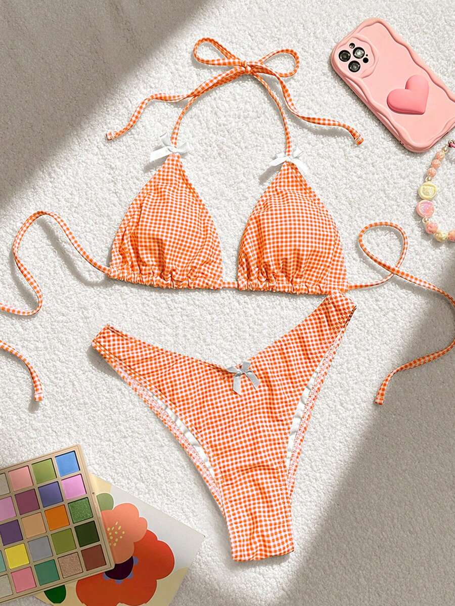 Swim Mod 2pcs/Set Plaid Bikini Swimsuit, Beach Vacation - Orange - View 1