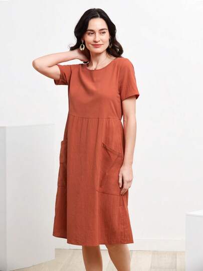 Miaspire Women's Spring Round Neck Short-Sleeve Dress With Pockets And Doll Pattern