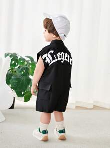 SHEIN 婴儿字母印花针织软领短袖连体衣带短裤，适合男婴和女婴