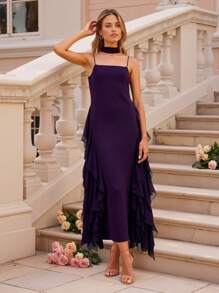 TSS Vestido maxi de gasa con tirantes de espagueti, volantes laterales y chal en color púrpura oscuro, vestido elegante para boda, cóctel o fiesta formal para mujer, vestido de verano bohemio para vacaciones