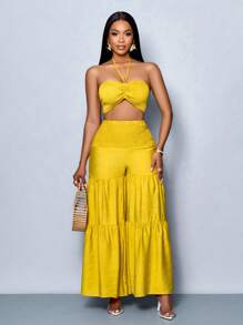 SOLERSUN Conjunto de 2 piezas para mujer de primavera y verano, compuesto por un top tubo sin mangas, cuello halter y lazo, con cintura fruncida, y un pantalón ancho de pierna ancha, roto y con capas, en un estilo informal y de vacaciones
