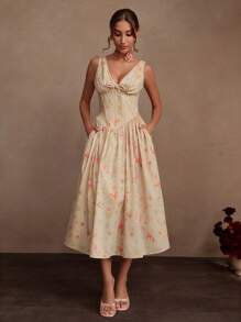 SHEIN Unity Women's Deep V-Neck A-Line Elegant Party Dress, Suitable For Summer, Beach, Festival, Holiday - Multicolor - View 3