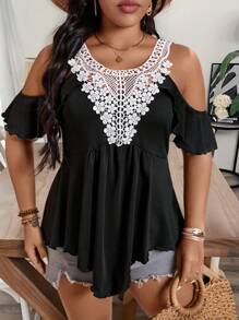SHEIN LUNE Plus Size Women Shoulder Top With Lace Trim And Contrast Color Panels - Black and White - View 1