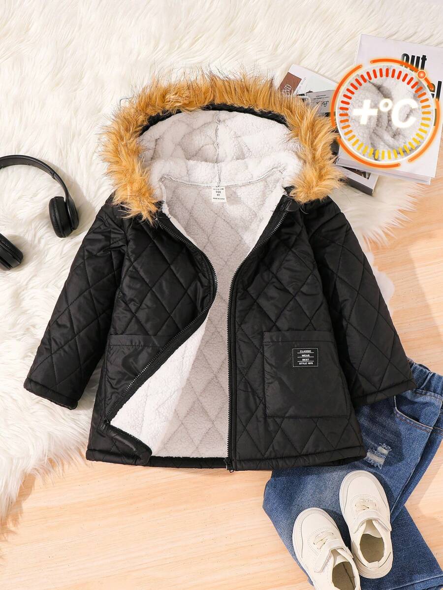 SHEIN Áo khoác có mũ trùm đầu ấm áp, dễ thương, kiểu dáng thường ngày cho bé trai, cổ lông giả, màu đen và kaki, thích hợp cho đi chơi, đi học, tụ họp hàng ngày, mùa thu/đông. - màu đen - Xem 1