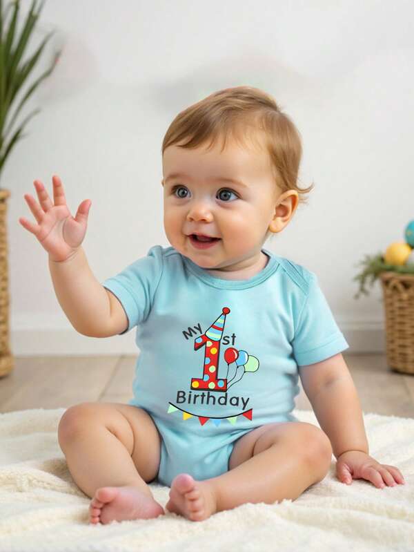 1 Yr Old Baby Boy Cute Letter Print Short Sleeve Romper, Spring/Summer