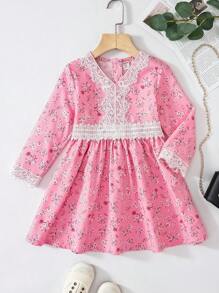 Adorable Pink Floral Print Dress For Girls With Long Sleeves V Neck And Lace Detail Perfect For Special Occasions - Pink - View 1