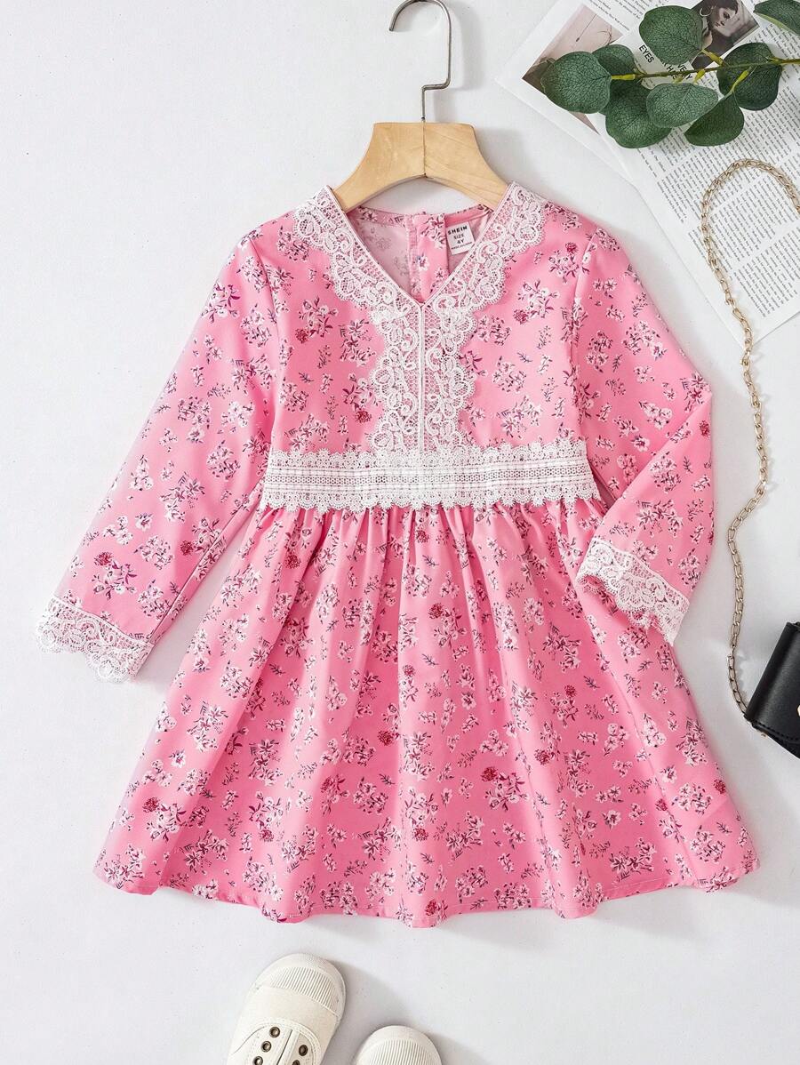 Adorable Pink Floral Print Dress For Girls With Long Sleeves V Neck And Lace Detail Perfect For Special Occasions - Pink - View 1