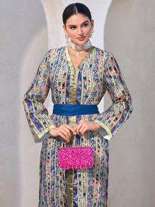 Al Najma 女士花卉印花 V 领长袖优雅阿拉伯风格连衣裙，端庄大方 - 藍色 - 查看 5