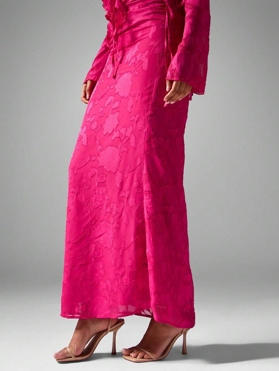 MISSGUIDED Jupe longue de soirée en mousseline de soie dévorée, froissée sur le côté avec nœud, forme de sirène, pour mariages, fêtes, vacances, élégante avec imprimé floral