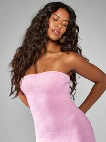 MISSGUIDED Bandeau Strapless Form-Fitting Maxi Dress With Lace Pattern Stretchy Evening Gown Party Wedding Guest Spring Summer Elegant Floor Length - Pink - View 5