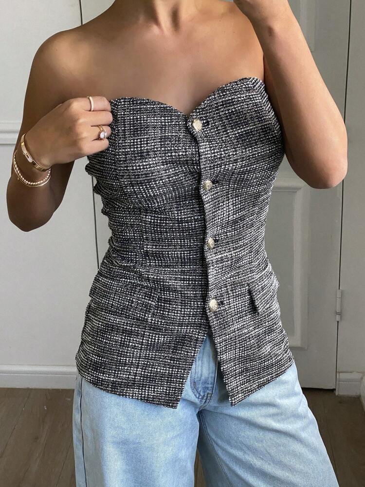 Cut Short Plaid Bandeau Women Crop Top, Minimalist & Stylish For Summer