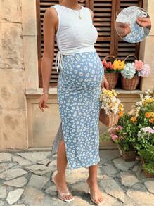 Lyckli Maternity Vacation Embroidery Vest And Adjustable Waist Daisy Print Fitted 2 Pieces Set - Blue - View 5