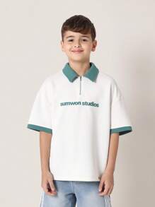 Sumwon Studios Youth Quarter Zip Polo Top Casual Street Style Athletic Sports Training Everyday Wear Spring Summer Fashion Urban Streetwear - White - View 1