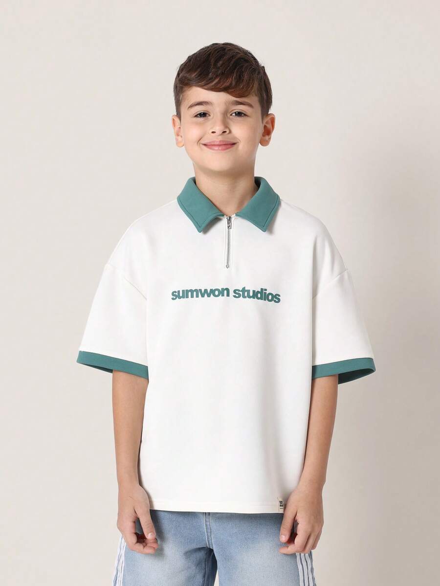 Sumwon Studios Youth Quarter Zip Polo Top Casual Street Style Athletic Sports Training Everyday Wear Spring Summer Fashion Urban Streetwear - White - View 1