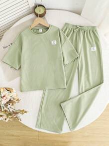 SHEIN 2 件套 Tween 女童休闲简约舒适圆领短袖 T 恤和裤子套装 - 薄荷綠 - 查看 2