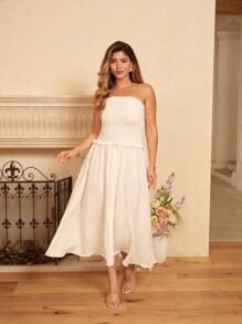 Flirla Plus Size Women Elegant Versatile Slimming Ruffle Hem Dress, Solid Color Casual Long Dress - White - View 4