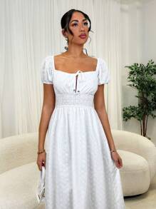 Glamine Women's Summer Ruffled Tie Front Embroidery Decor Solid Color Romantic Vacation Dress - White - View 5