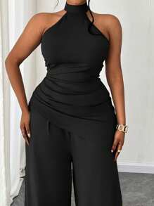Maweii Plus Size Women Solid Color Knit Halter Backless Asymmetrical Pleats Top And Wide Leg Pants Two Pieces Set - Black - View 3