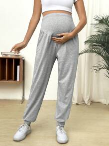 SHEIN Long Maternity Solid Color Adjustable Waist Casual Pants - Grey - View 4