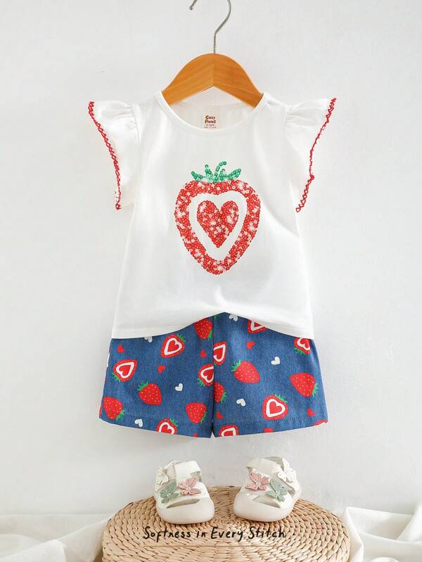 Cozy Pixies 2pcs Baby Girl Strawberry Pattern Round Neck Cap Sleeve Top And Elastic Waist Shorts Set