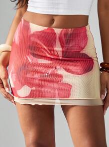 MISSGUIDED 网眼迷你裙双层扇形下摆花卉印花夏季海滩节舞会俱乐部服装街头装荷叶边米粉色超大花卉图案